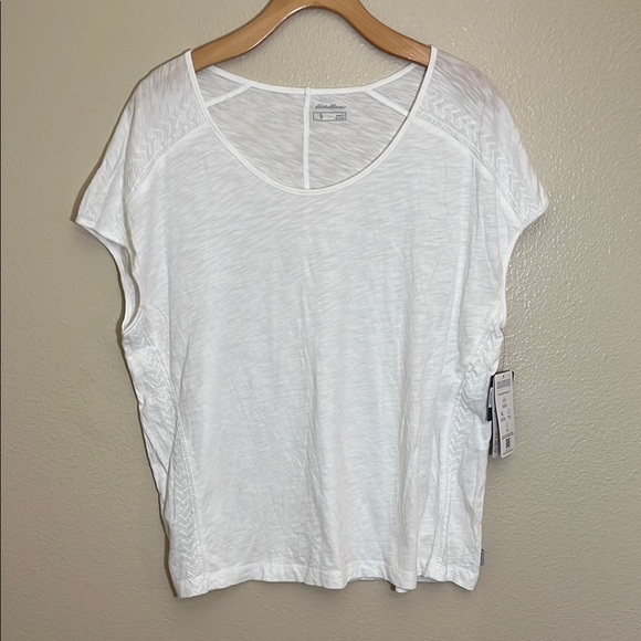 NWT Eddie Bauer White Gatecheck Semi-Sheer Embroidered Short Sleeve Top - Picture 1 of 11